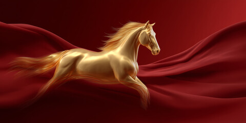 Majestic Horse in Motion Galloping Through Silky Red Fabric Theatrical Art Capture of Graceful Equine with Flowing Mane and Exquisite Form