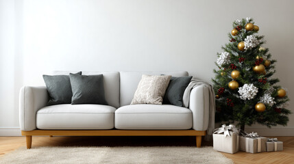 Cozy Living Room with White Sofa and Festive Christmas Tree Decorated with Ornaments, Gifts, and Soft Rug for Holiday Atmosphere