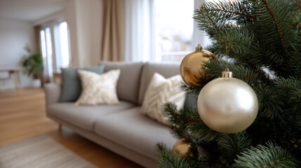 Cozy living room interior with decorated Christmas tree featuring golden ornaments, soft cushions, and bright natural light for festive atmosphere