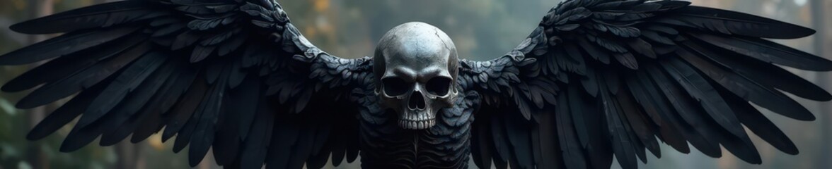 Fototapeta premium Black skull with large, feathered wings, gothic style, skull, illustration, ominous