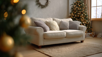 Cozy Living Room with White Sofa and Christmas Tree Decorated with Lights and Ornaments for a Festive Holiday Atmosphere