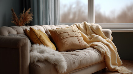 Cozy Living Room with Plush Sofa and Soft Blankets Ideal for Autumn Vibes and Relaxation Spaces in Urban Homes and Modern Interiors