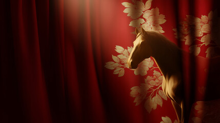 Elegant horse silhouette behind red curtain with floral design, dramatic lighting, artistic composition highlighting equine beauty and elegance