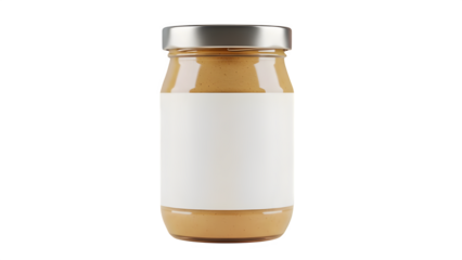 Glass jar filled with creamy spread with black lid and copy space.