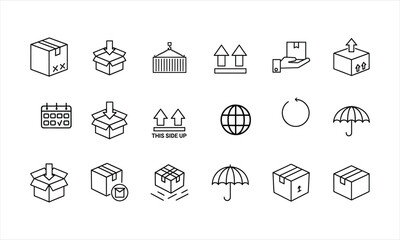 Isometric outline icons set of cardboard shipping boxes, open packages, and wrapped present containers