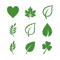 Collection of Green Leaf and Heart Icons Representing Nature and Ecology.