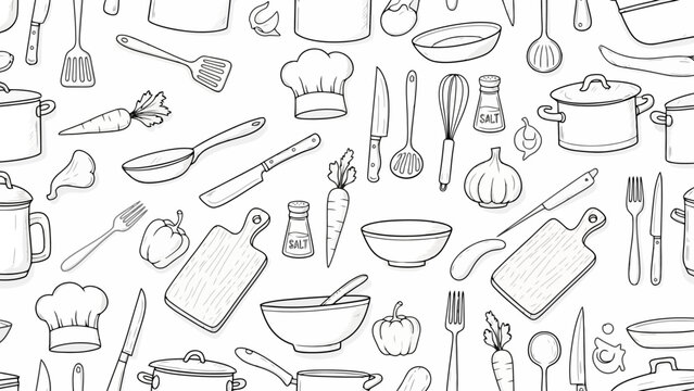 Hand-Drawn Kitchen Utensils and Food Items in a Whimsical Doodle Seamless Pattern