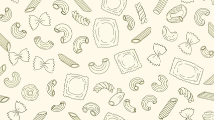 Seamless Pattern of Hand-Drawn Pasta Shapes on a Light Background, Vector Illustration