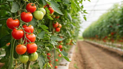 Tomatoes grow on plants inside a greenhouse with clear skies and sunny weather in the summer season