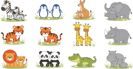 Large vector collection of cute cartoon wild animal families and babies, including a mother Zebra, Kangaroo, Elephant, Tiger, Lion, Panda, Giraffe, Rhino, Hippopotamus, Crocodile, and Penguins. © Priyanka