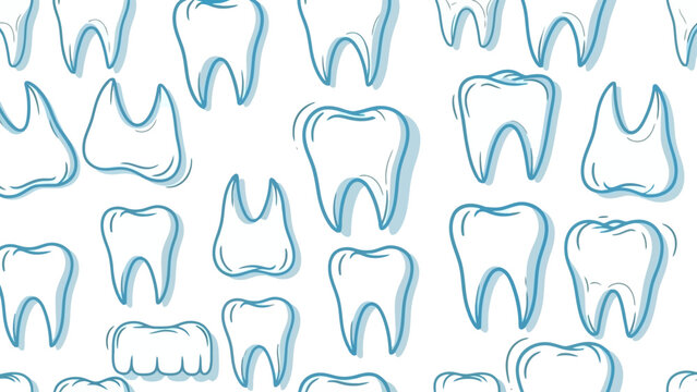 Seamless Pattern of Stylized Teeth Illustrations in Blue Outline on White Background