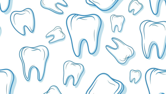 Seamless Pattern of Cartoon Teeth Icons with Blue Outline on White Background