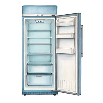 Blue Watercolor Refrigerator Empty Interior isolated on a transparent background