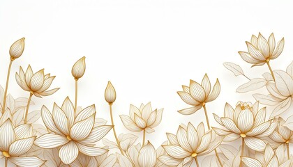 Elegant line art of gold lotus flowers and leaves on white background. This illustration is suitable for luxury branding and decorative purposes.