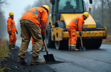 Workers in orange vests and yellow hard hats lay new asphalt on a road. A large yellow roller compacts the surface. Men use shovels for road construction and repair.