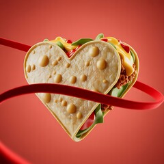 Flying Heart Taco With Cheese Drops And Red Ribbon Valentine Concept