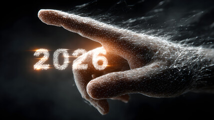 Hand interacting with a glowing digital '2026' in a futuristic interface, representing technology, future vision, business goals, and innovation.