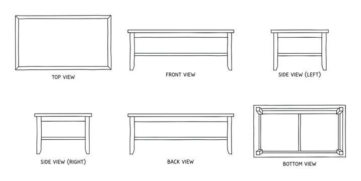 Orthographic Projection of a Coffee Table with Various Views for Technical Drawing