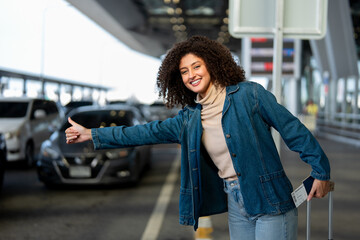 Latino woman passenger waiting public car outside airport terminal. 