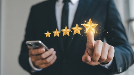 Digital Five-Star Rating: A person in a sharp suit interacts with a digital five-star rating system on a smartphone, representing outstanding service and positive feedback. 