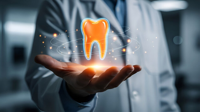 Dentist holding virtual tooth