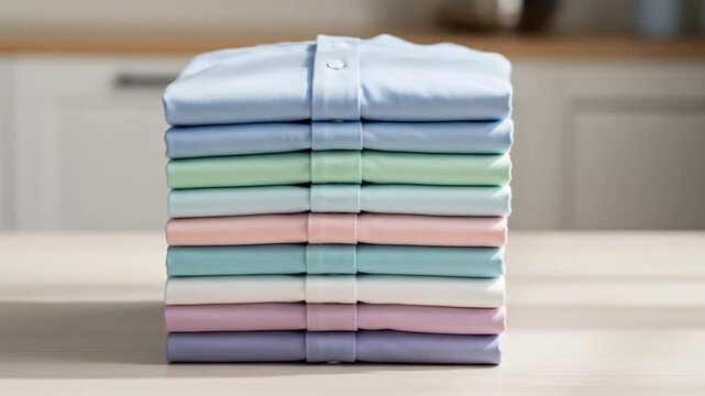 A neatly folded stack of pastel colored shirts sits on a table in soft lighting