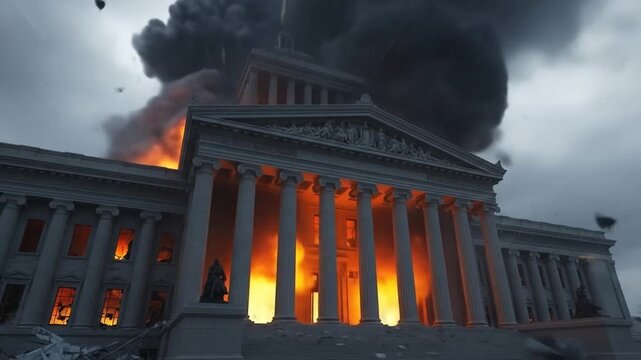 Classical building engulfed in flames and thick black smoke under an ominous sky, debris falling