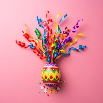 Vibrant cascaron egg bursting with colorful ribbons and confetti on a cheerful pink background