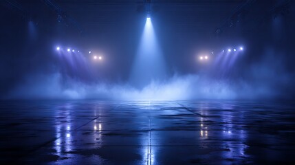 Futuristic blue stage with spotlight, glowing LED wall lights, dramatic fog, and reflective floor, cinematic atmosphere.