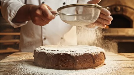 A skilled pastry chef meticulously sifts a delicate cloud of powdered sugar over a rich decadent chocolate cake adding a beautiful finishing touch in a warm rustic bakery kitchen with a traditional s.