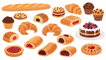 A vibrant collection of freshly baked pastries, including croissants, muffins, tarts, and cakes, arranged artfully.