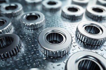 Obraz premium Shiny metal bearings arranged on textured metallic surface