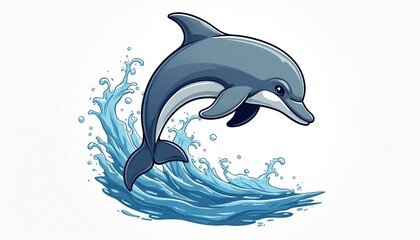 Obraz premium Playful dolphin leaps from blue water waves. Cheerful cartoon cetacean jumps high, splashing sea spray. Marine mammal illustration for aquatic fun and ocean themes.