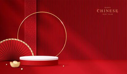 Podium stage chinese style for chinese new year and festivals or mid autumn festival with red background. mock up stage with festive lanterns and clouds. vector design.