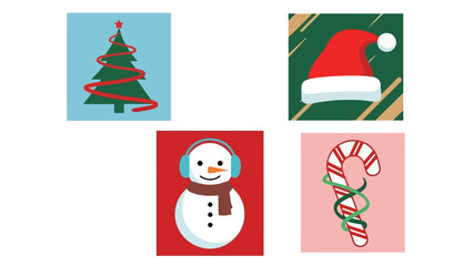 Festive Christmas Icons: Tree, Snowman, Santa Hat, and Candy Cane, Flat Design