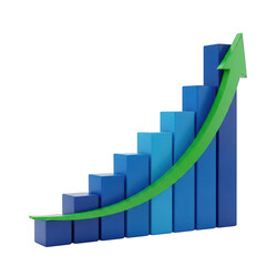 3d business growth bar chart with upward arrow isolated on transparent background