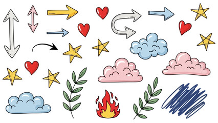 Collection of Colorful Hand-Drawn Doodle Elements - Arrows, Stars, Clouds, and Hearts