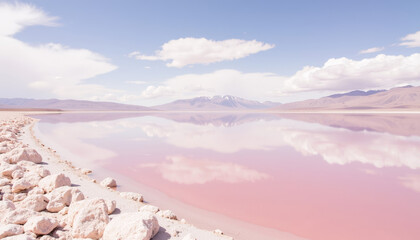 Pink salt flat with reflections and cloudy sky in serene landscape  