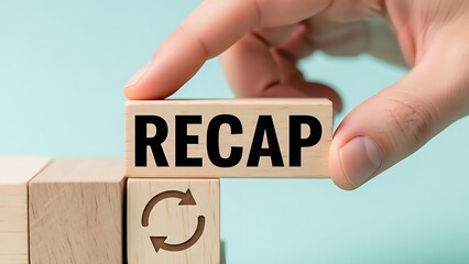 Wooden blocks spell recap with an arrow symbolizing review and summary concepts