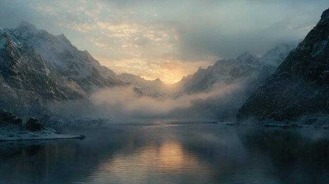 Majestic snowy mountains frame a serene lake, bathed in a soft, golden sunrise