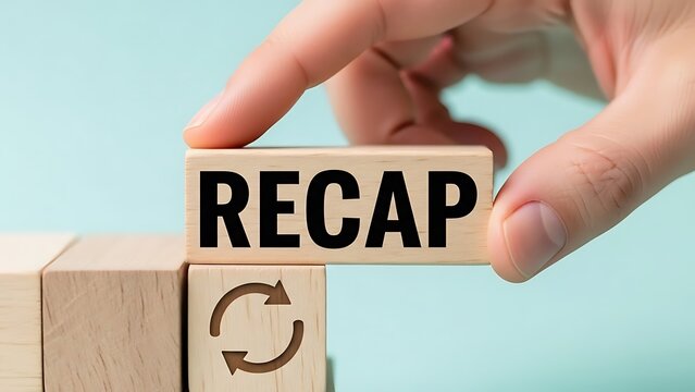 Wooden blocks spell recap with an arrow symbolizing review and summary concepts
