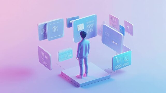 Minimal 3D Human Surrounded by Floating UX Wireframe Elements