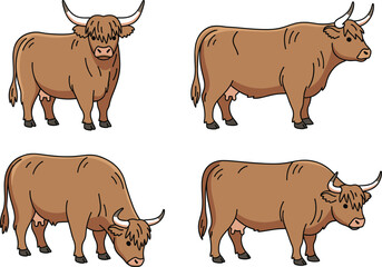 Vector set of four brown Highland cattle illustrations with long horns and shaggy hair, shown standing and grazing, perfect for Scottish themes, beef farms, and domestic livestock projects.