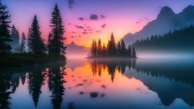 A serene lakeside scene at dusk, with trees and mountains reflected in the calm water