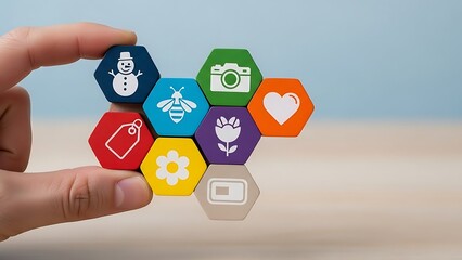 Colorful hexagonal tiles held in hand against a blurred beach background