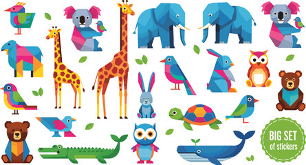Big vector set of geometric, low-poly style wild animals including Elephant, Giraffe, Koala, Whale, Turtle, Bird, Bear, Rabbit, and Crocodile, suitable for abstract nature and sticker designs.