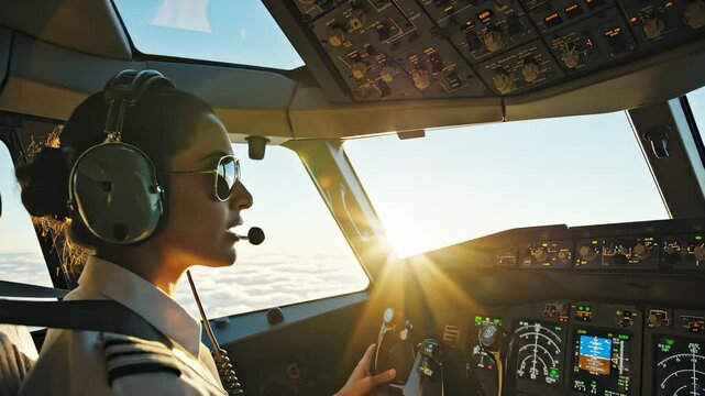 Female Pilot Flying Airplane Above the Clouds at Sunrise