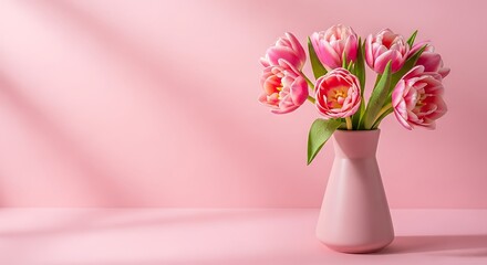 A minimalist composition featuring a bouquet of pink tulips in a vase against a light pink background