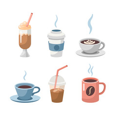Different mugs with fragrant hot drink set. Coffee, tea cups, glass, paper glass, cocktail. Vector collection. Flat design.