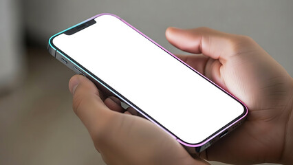 Hand holding smartphone iphone A close-up shot of a smartphone held in hands with a blank white screen for content insertion